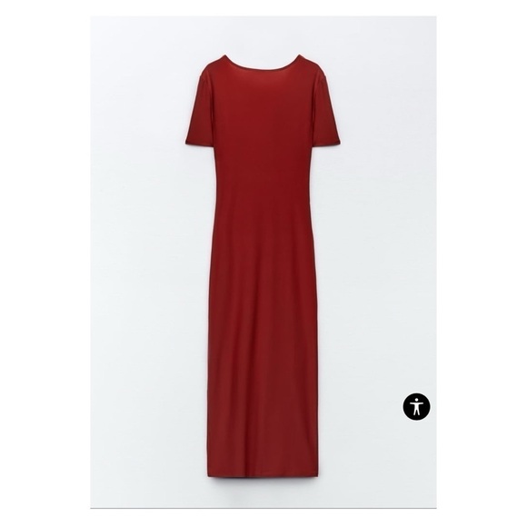 ZARA Burnt Orange Short Sleeve Ruched Bodycon Midi Cocktail Dress Small NWT - Picture 7 of 9